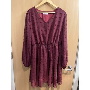 Kirundo Women's XL Burgundy V-Neck Chiffon Long Sleeve Lined Swiss Dot Dress